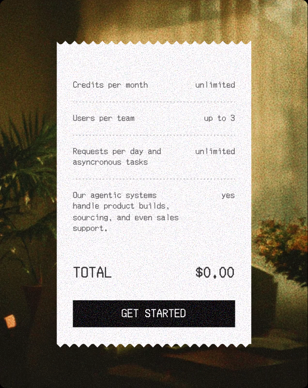 CTO.new artwork: a printed receipt itemising the plan, totalling $0.00