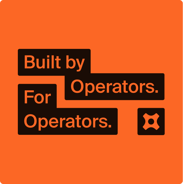 HQrent brand artwork: “Built by Operators. For Operators.” set in black boxes on orange